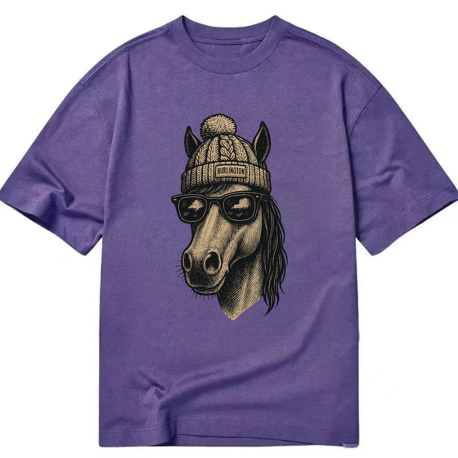 Vermont Morgan Horse wearing Burlington beanie with pom pom and wayfarer - Classic T-shirt - Purple