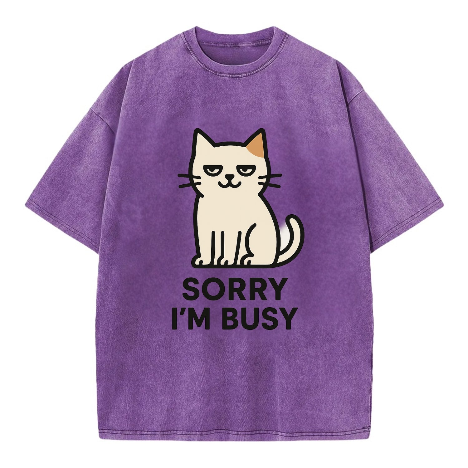 Cat sitting alone looking content - "SORRY I'M BUSY" - not sorry at all - Vintage T-shirt - Purple