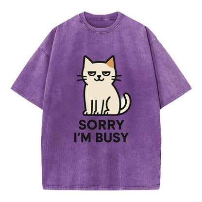 Cat sitting alone looking content - "SORRY I'M BUSY" - not sorry at all - Vintage T-shirt - Purple
