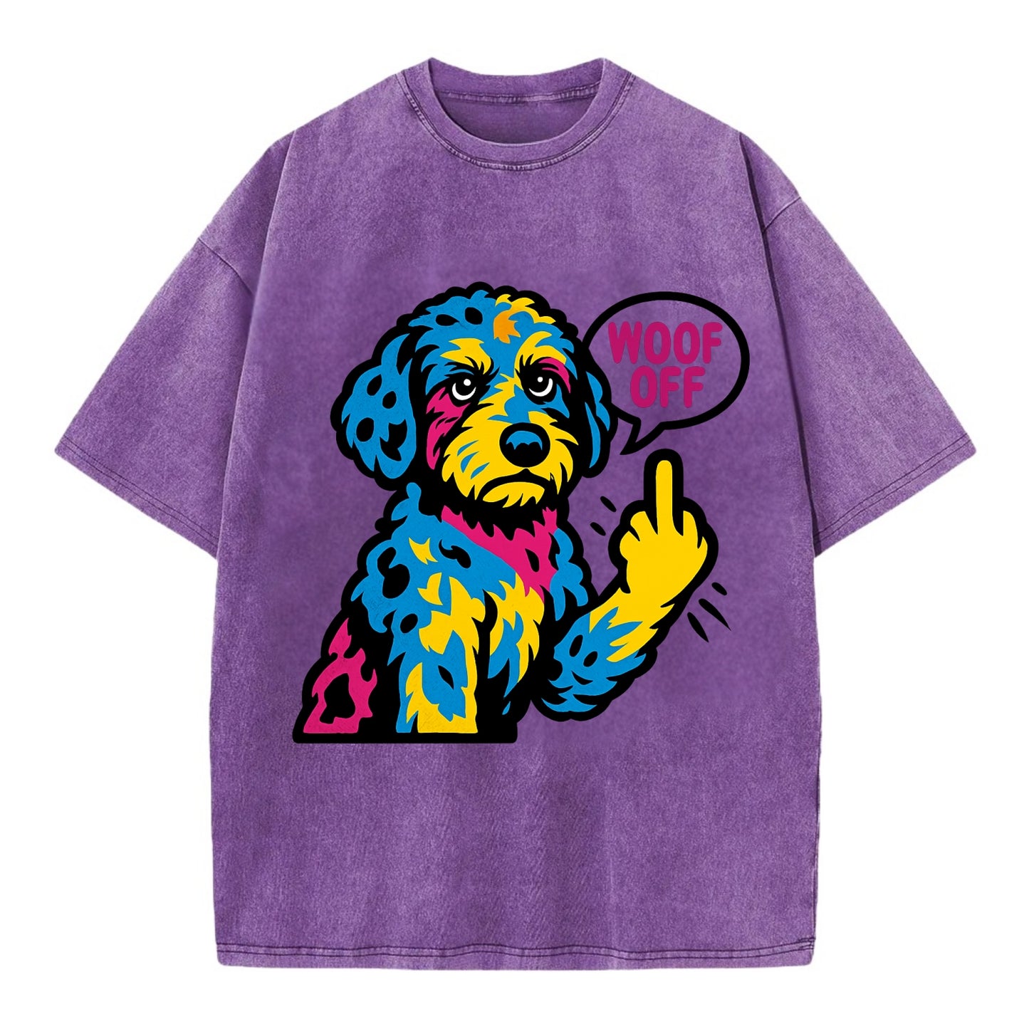 Aussiedoodle with merle patches and curly coat, playful smart paw raised - Vintage T-shirt - Purple