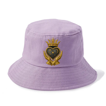 Hammered bronze warrior crown anchoring a dark steel heart with shield-bearing hands. - Bucket Hat - Purple