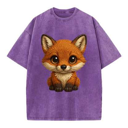 Baby Red Fox - russet fur, white chest, big amber eyes, perky ears, front-facing, - Vintage T-shirt - Purple