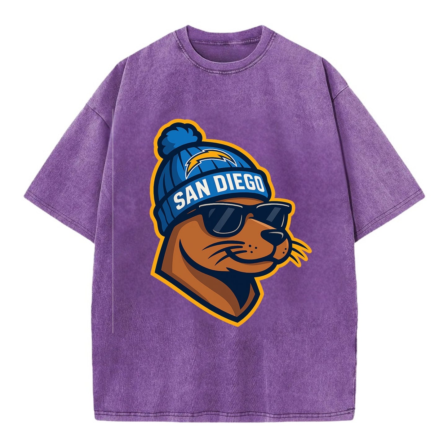 San Diego Sea Lion wearing Chargers beanie with bolt patch and wayfarer sunglasses - Vintage T-shirt - Purple