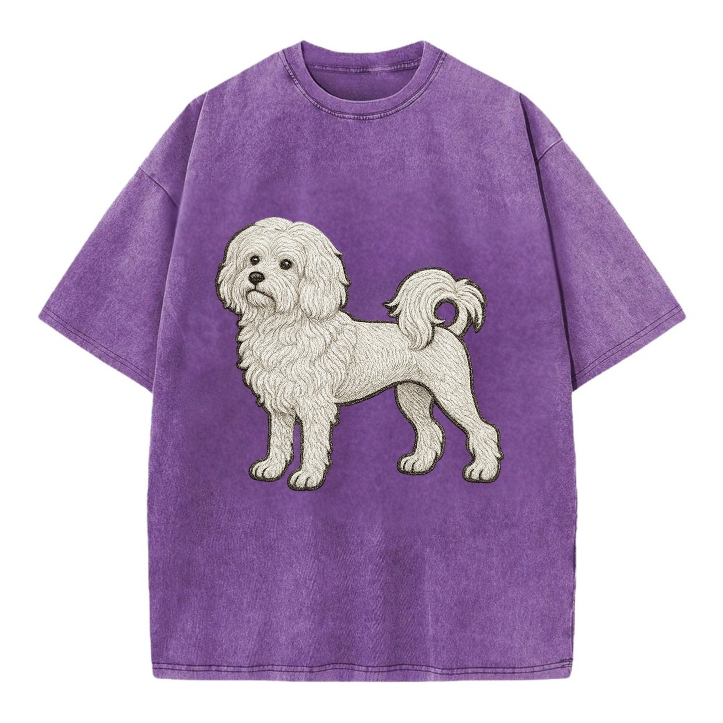 Löwchen - Little Lion Dog white embroidered pose - Vintage T-shirt - Purple