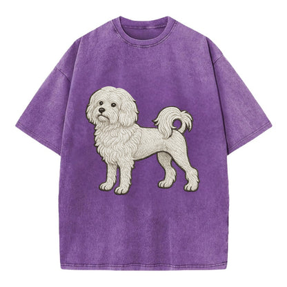 Löwchen - Little Lion Dog white embroidered pose - Vintage T-shirt - Purple