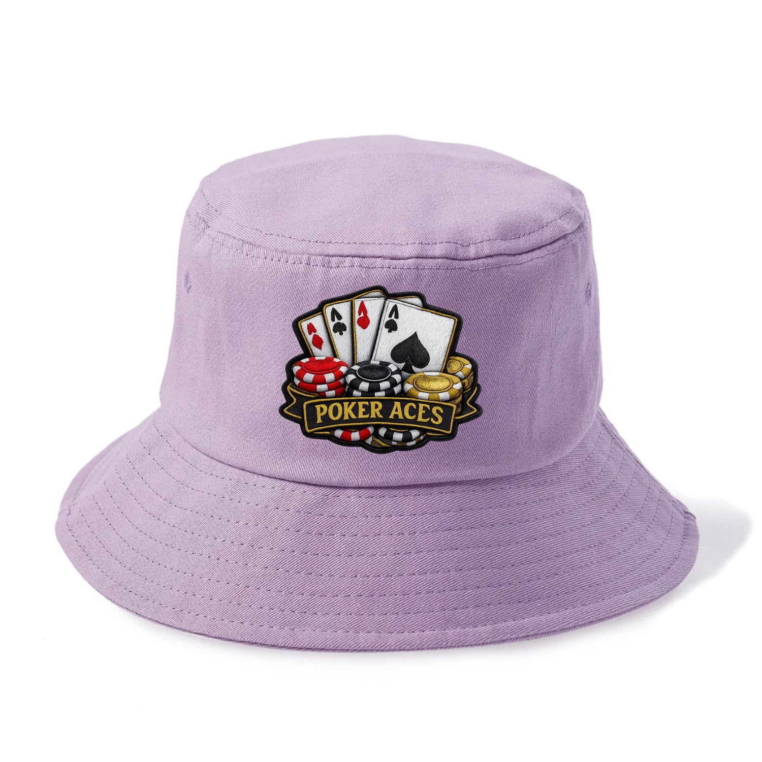 Embroidered patch design - POKER ACES - four aces with chips in red, black and gold - Bucket Hat - Purple