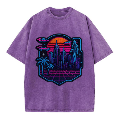 Cyberpunk City - Vintage T-shirt - Purple