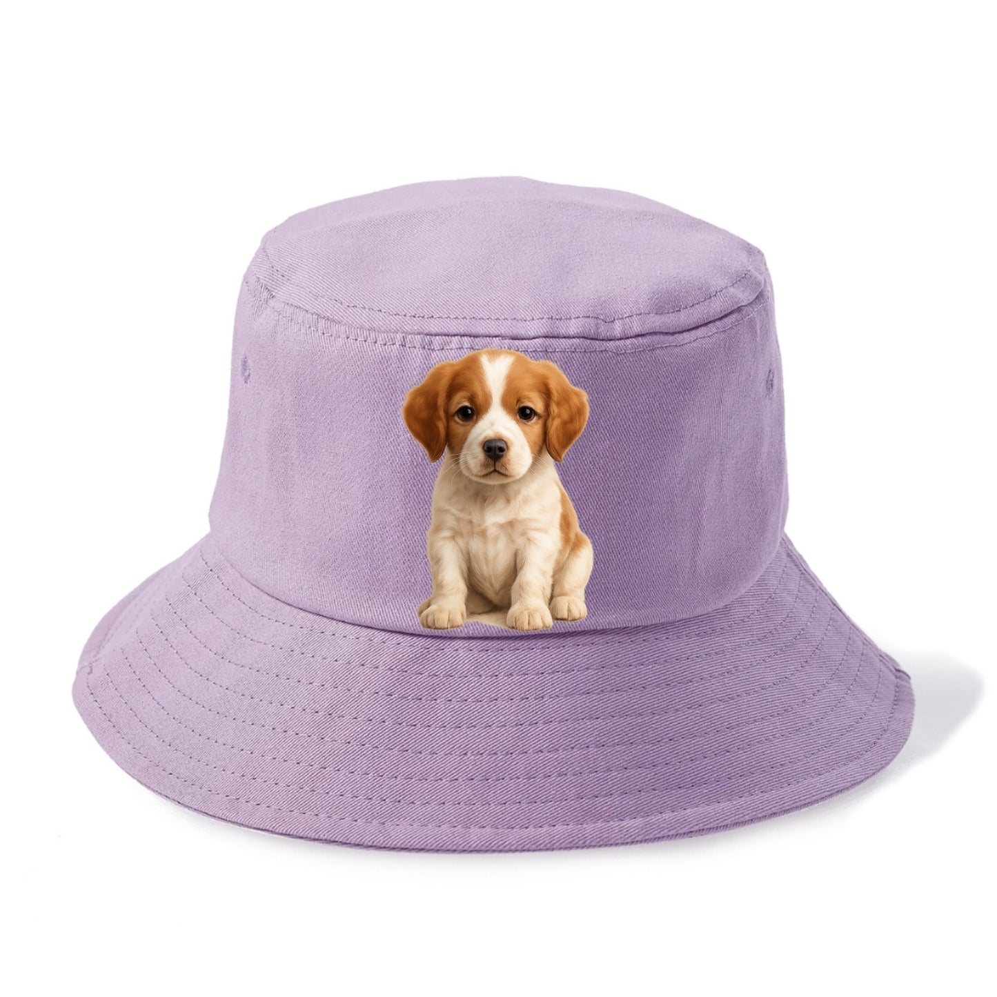 Baby Brittany Puppy - orange and white, compact, bright eyes, feathered, front-facing, - Bucket Hat - Purple