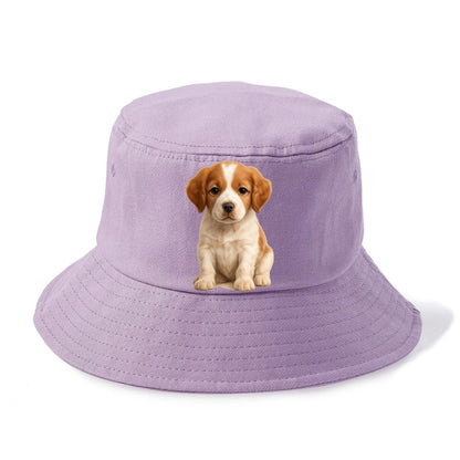 Baby Brittany Puppy - orange and white, compact, bright eyes, feathered, front-facing, - Bucket Hat - Purple