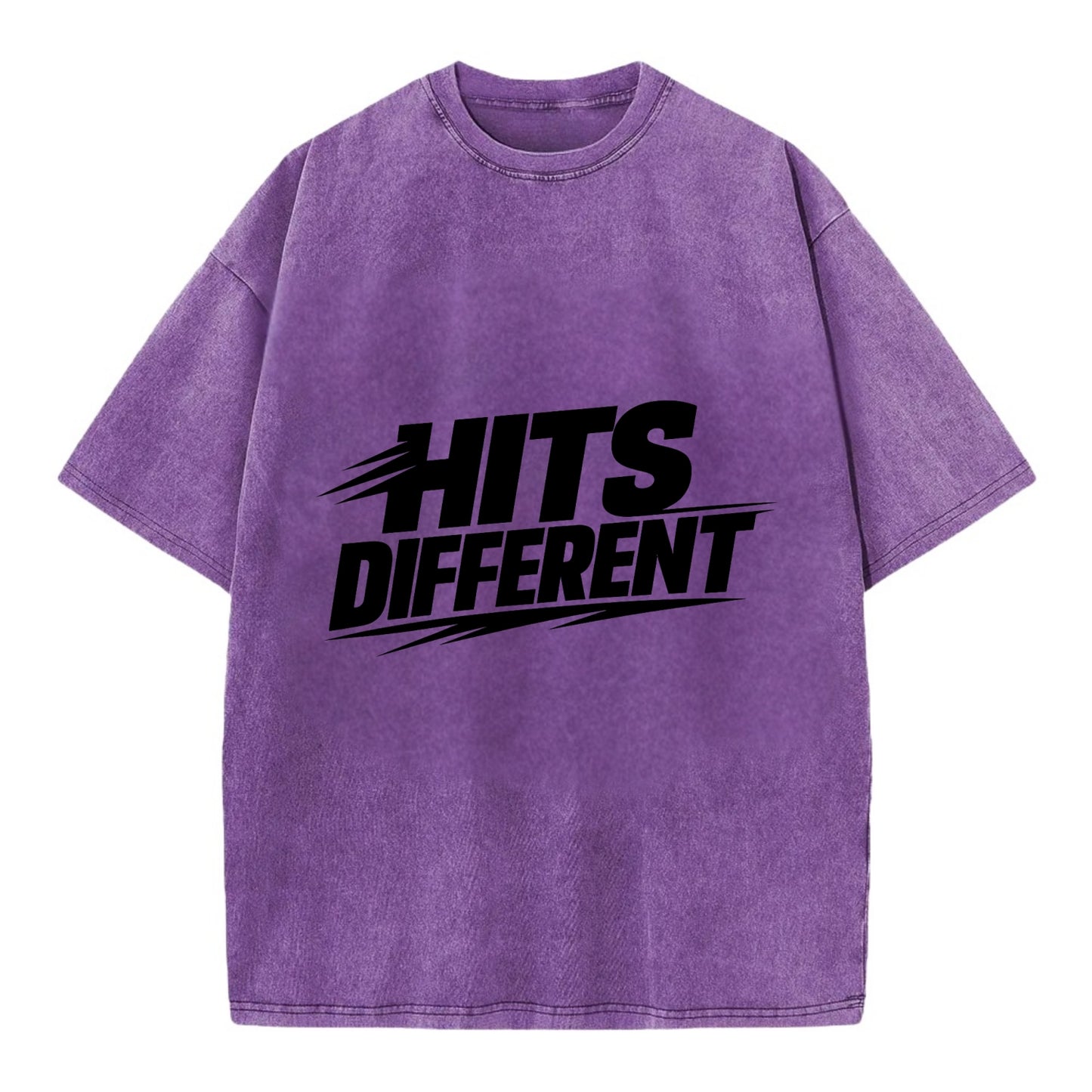 Bold typography design - "HITS DIFFERENT" - uniquely special, stands out - Vintage T-shirt - Purple