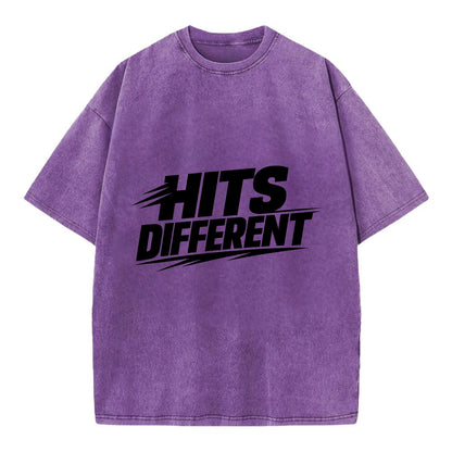 Bold typography design - "HITS DIFFERENT" - uniquely special, stands out - Vintage T-shirt - Purple