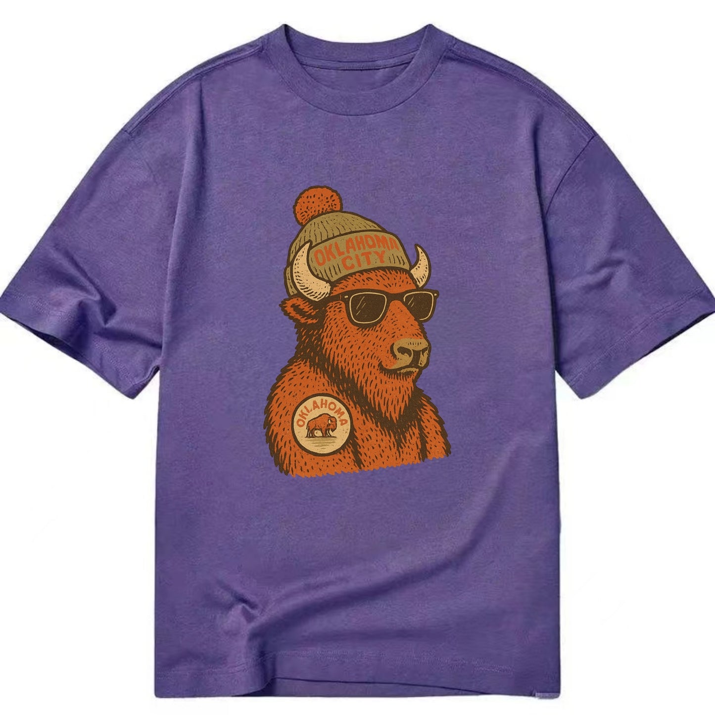 Oklahoma Buffalo wearing Oklahoma City beanie with pom pom and wayfarer sunglasses - Classic T-shirt - Purple