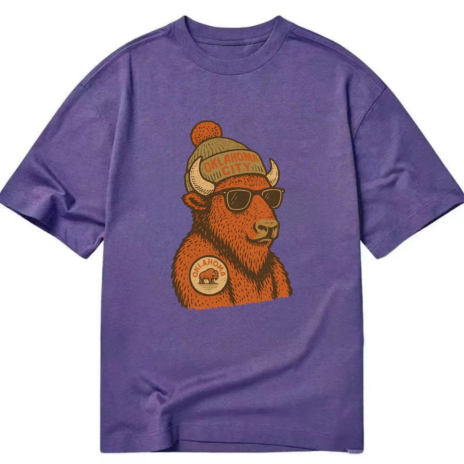 Oklahoma Buffalo wearing Oklahoma City beanie with pom pom and wayfarer sunglasses - Classic T-shirt - Purple