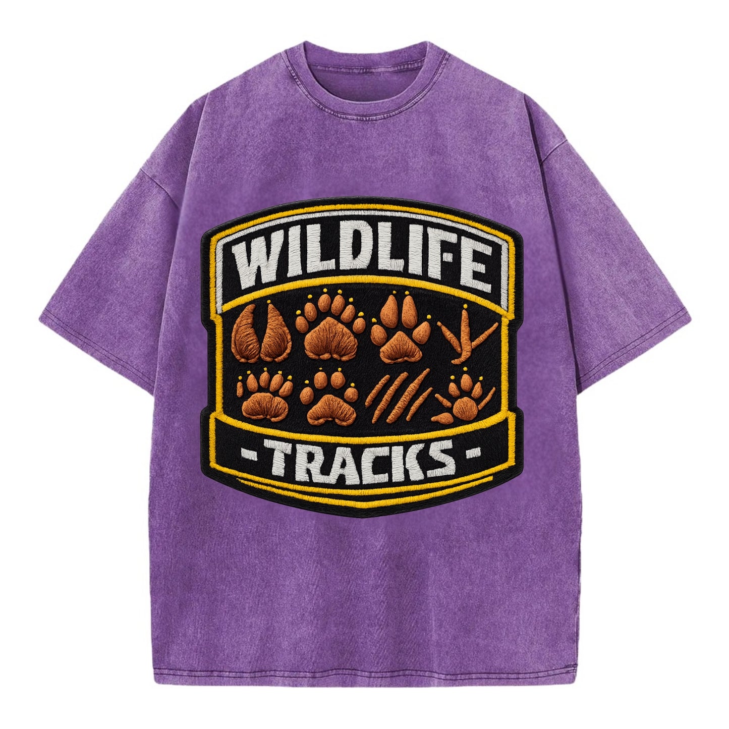 WILDLIFE TRACKS - animal footprints in brown , tracker - Vintage T-shirt - Purple