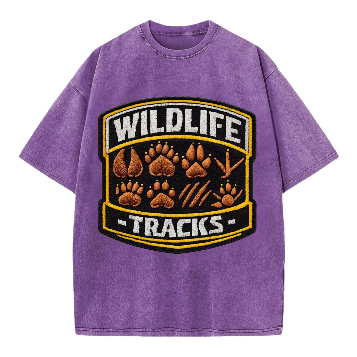 WILDLIFE TRACKS - animal footprints in brown , tracker - Vintage T-shirt - Purple