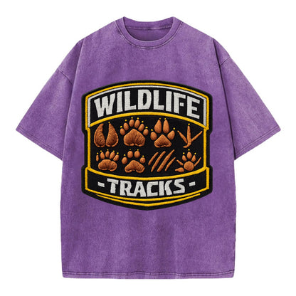 WILDLIFE TRACKS - animal footprints in brown , tracker - Vintage T-shirt - Purple