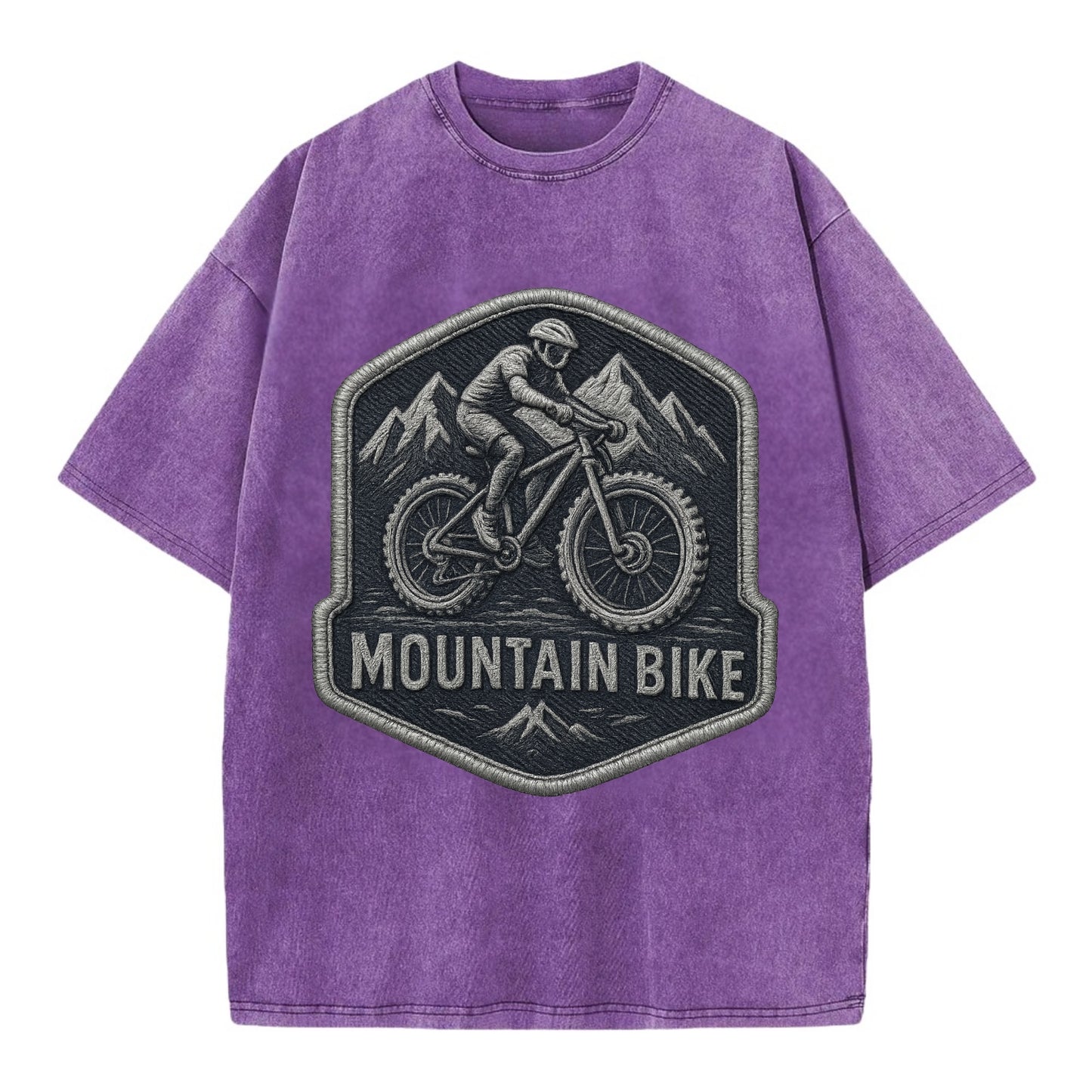 Mountain bike with rugged tires - cyclist badge - Vintage T-shirt - Purple