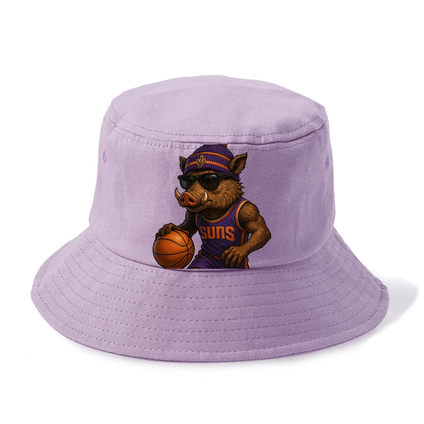 Phoenix Javelina wearing Suns beanie with cactus patch and wayfarer sunglasses - Bucket Hat - Purple