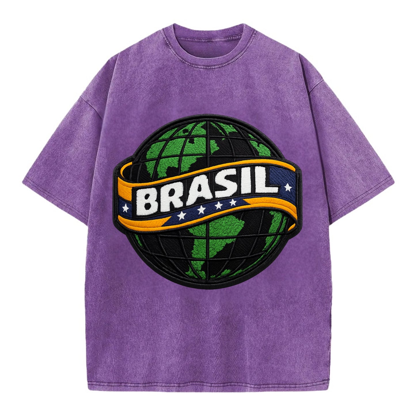 BRAZILIAN FLAG GLOBE - green globe with banner in green yellow blue , Brasil - Vintage T-shirt - Purple