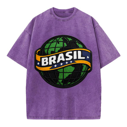 BRAZILIAN FLAG GLOBE - green globe with banner in green yellow blue , Brasil - Vintage T-shirt - Purple
