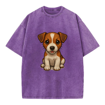 Baby Jack Russell Terrier Puppy - white with markings, alert ears, energetic - Vintage T-shirt - Purple