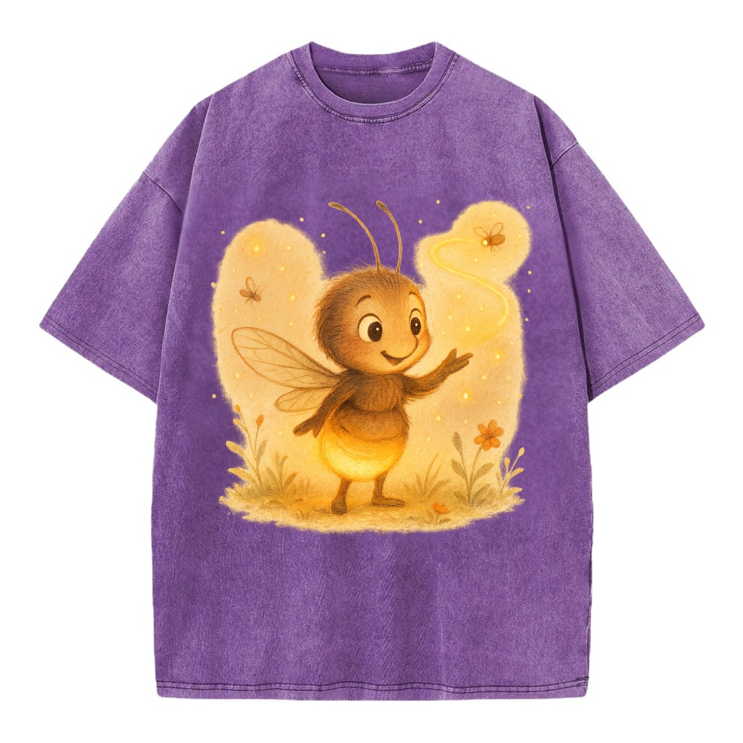 Firefly choreographer arranging synchronized light patterns over a meadow stage - Vintage T-shirt - Purple