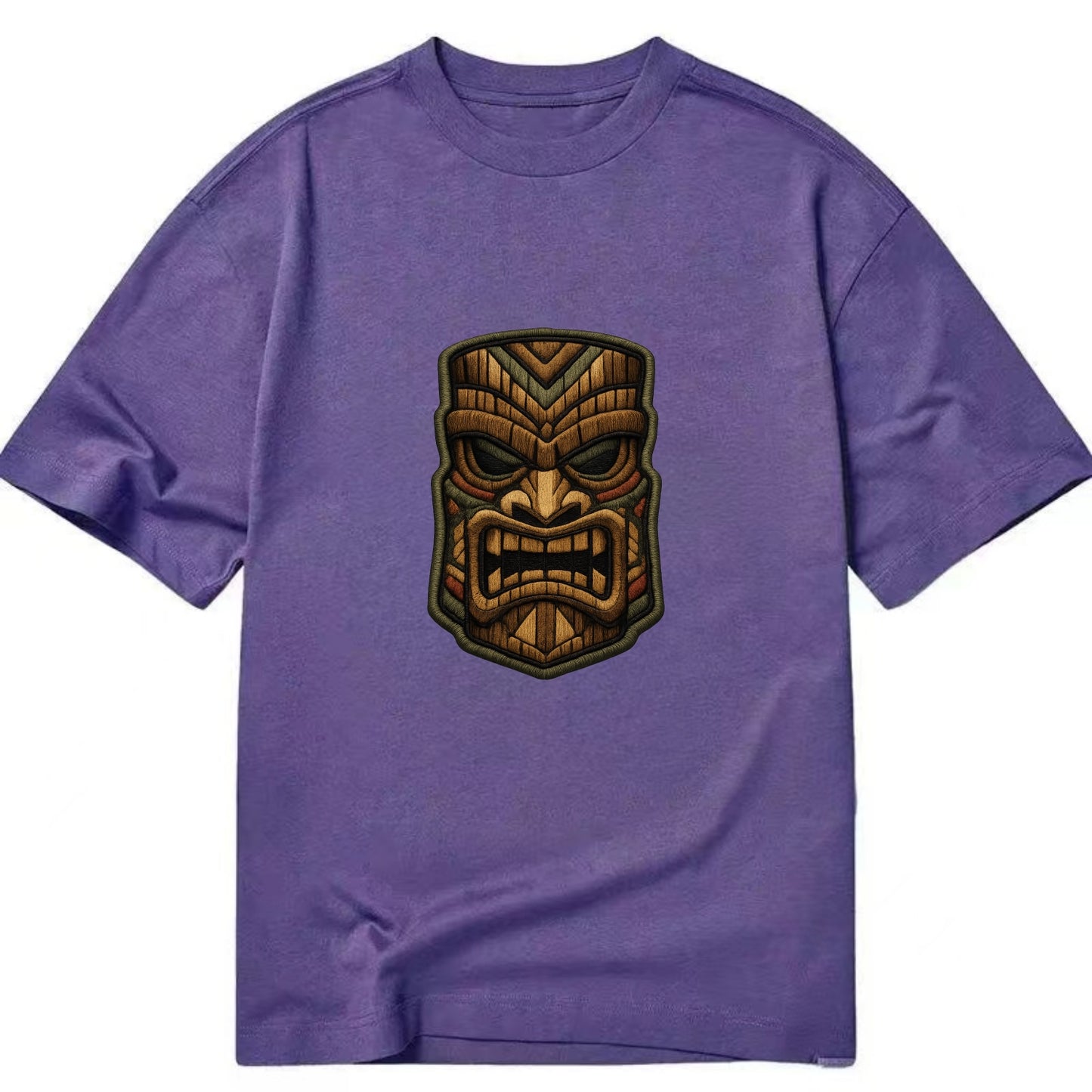 TIKI MASK - carved totem in brown and red , Polynesian - Classic T-shirt - Purple