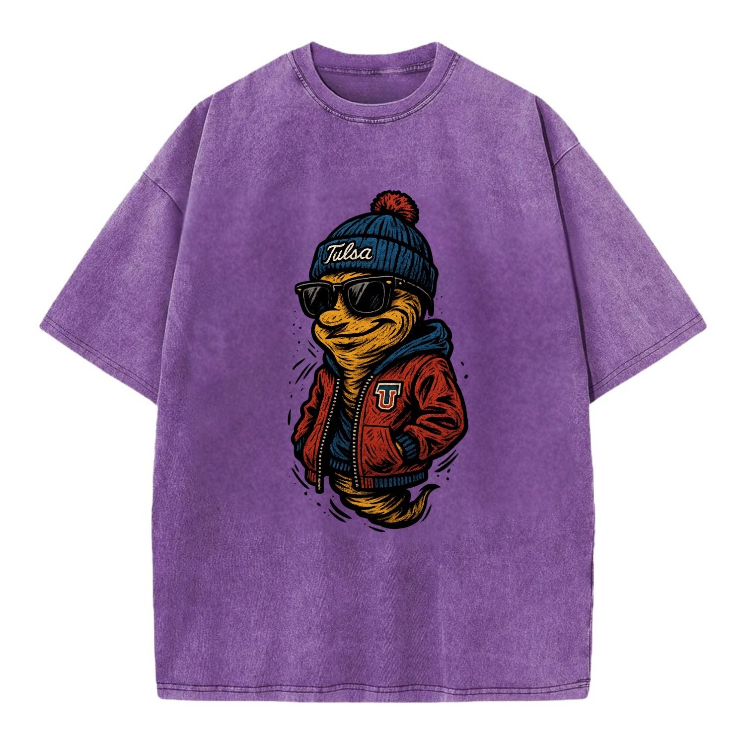 Tulsa Hurricane wearing Tulsa beanie with TU patch - Vintage T-shirt - Purple