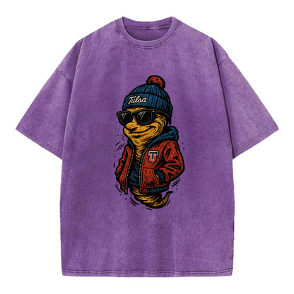 Tulsa Hurricane wearing Tulsa beanie with TU patch - Vintage T-shirt - Purple