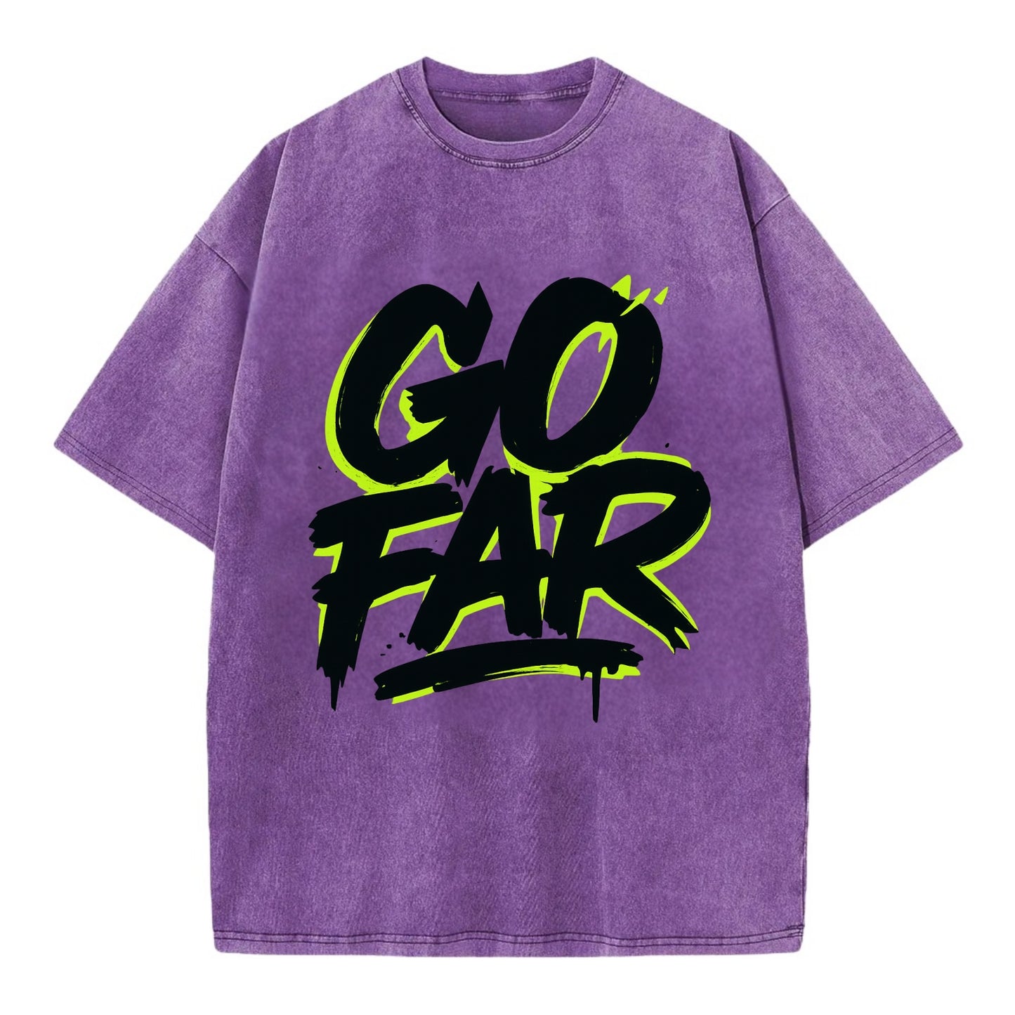 Bold typography design - "GO FAR" - distance goals, pushing limits - Vintage T-shirt - Purple