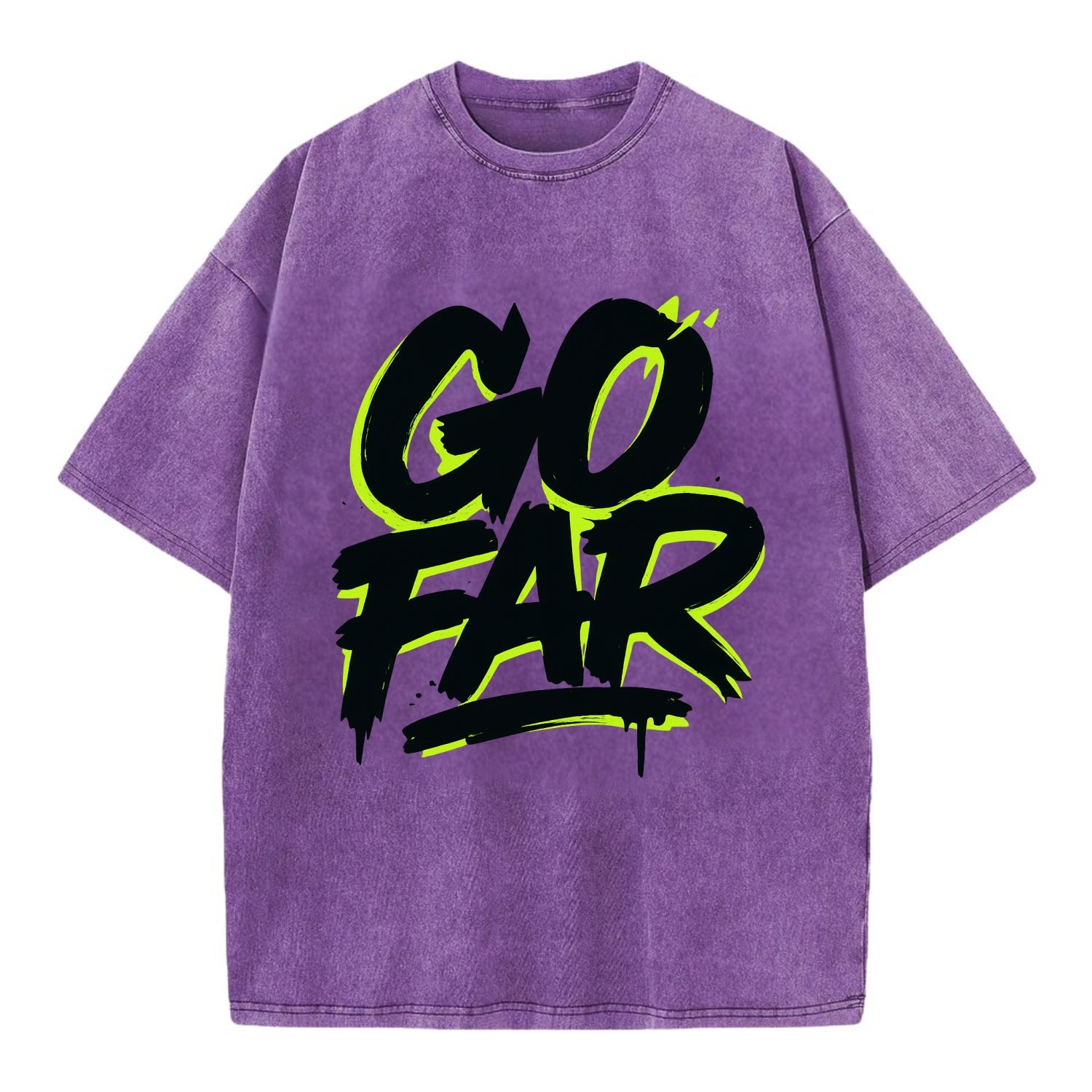 Bold typography design - "GO FAR" - distance goals, pushing limits - Vintage T-shirt - Purple