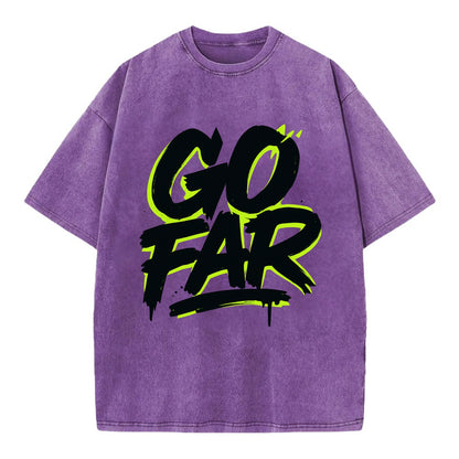 Bold typography design - "GO FAR" - distance goals, pushing limits - Vintage T-shirt - Purple
