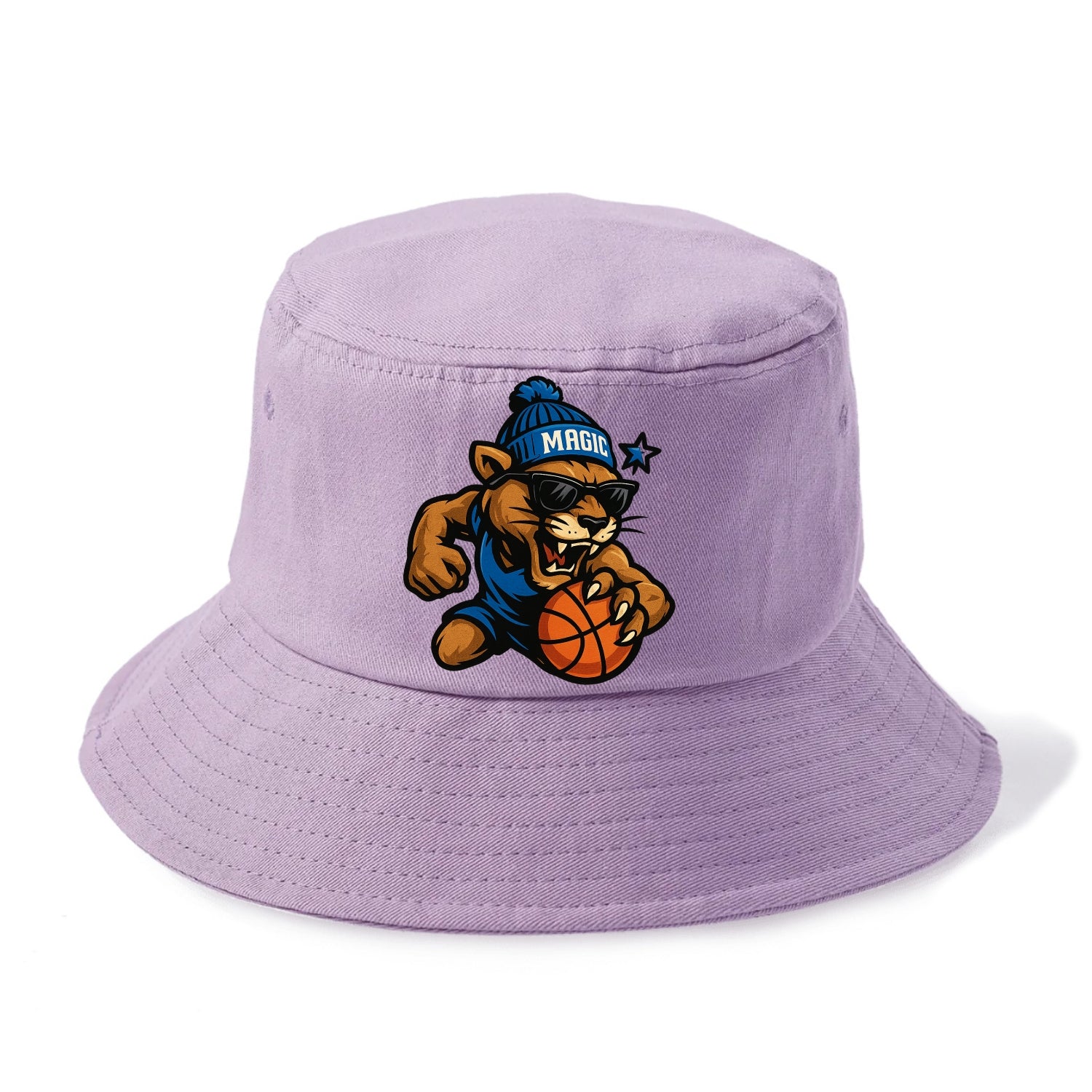 Florida Panther wearing Magic beanie with star wand patch and wayfarer sunglasses - Bucket Hat - Purple