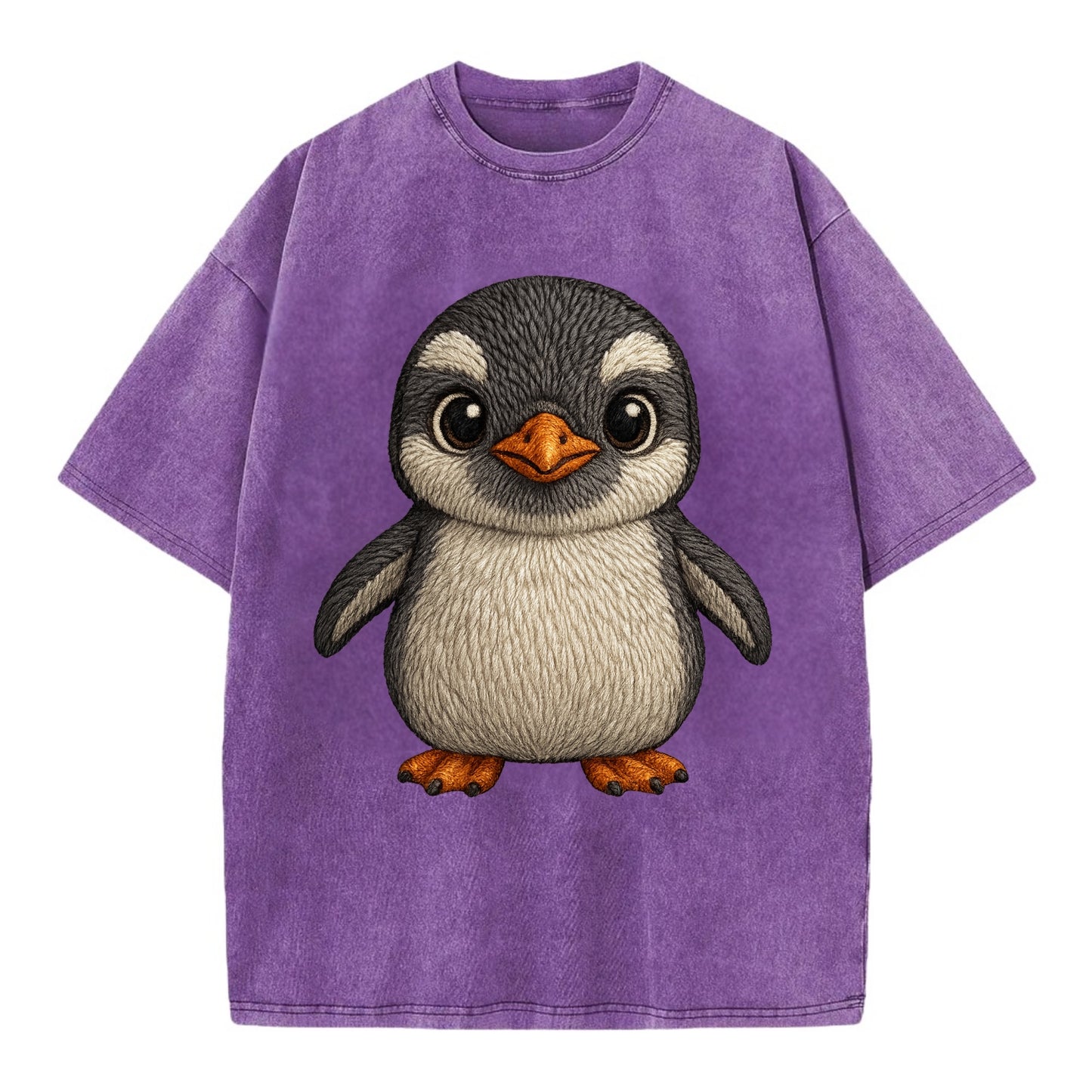 Baby Gentoo Penguin - orange beak, white cap, bright eyes, front-facing, energetic - Vintage T-shirt - Purple