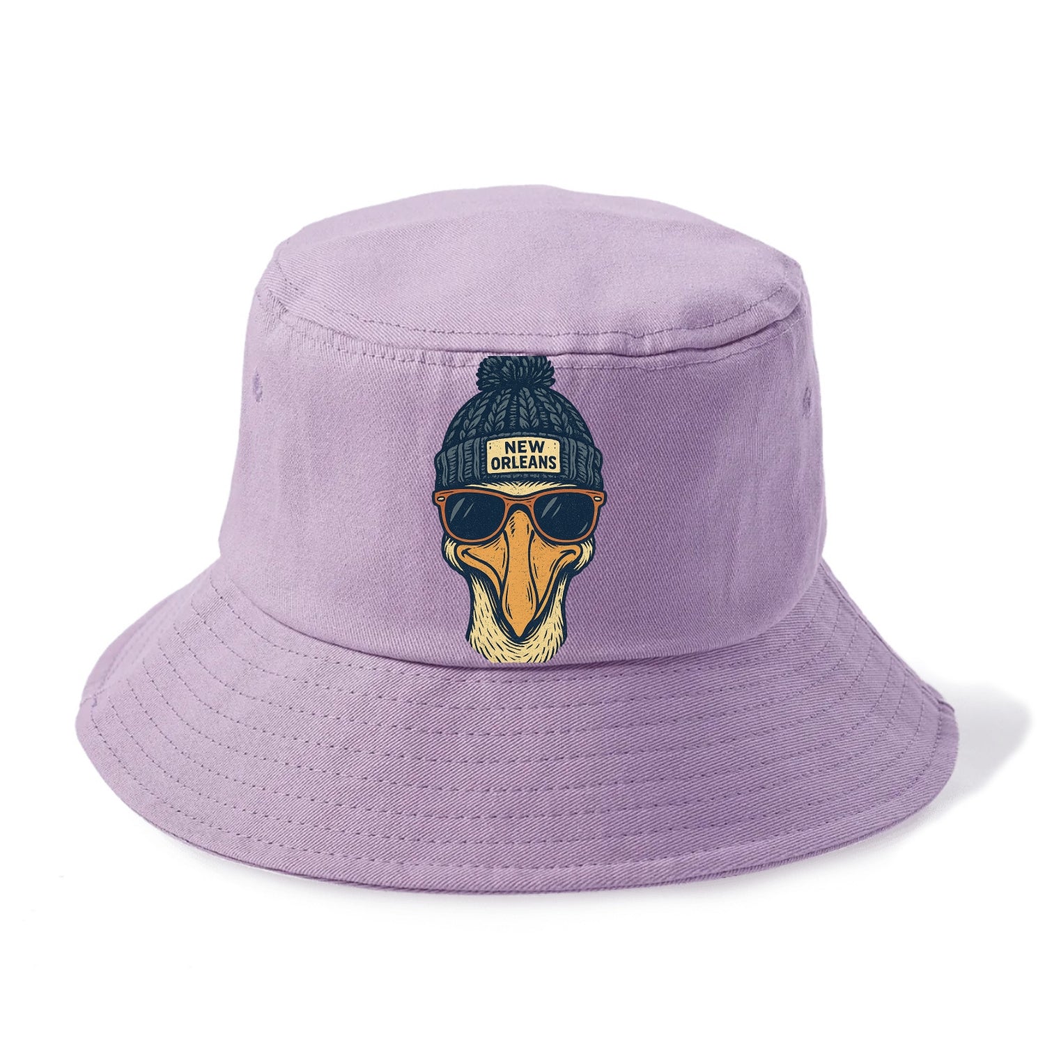 New Orleans Pelican wearing New Orleans beanie with pom pom and wayfarer sunglasses - Bucket Hat - Purple