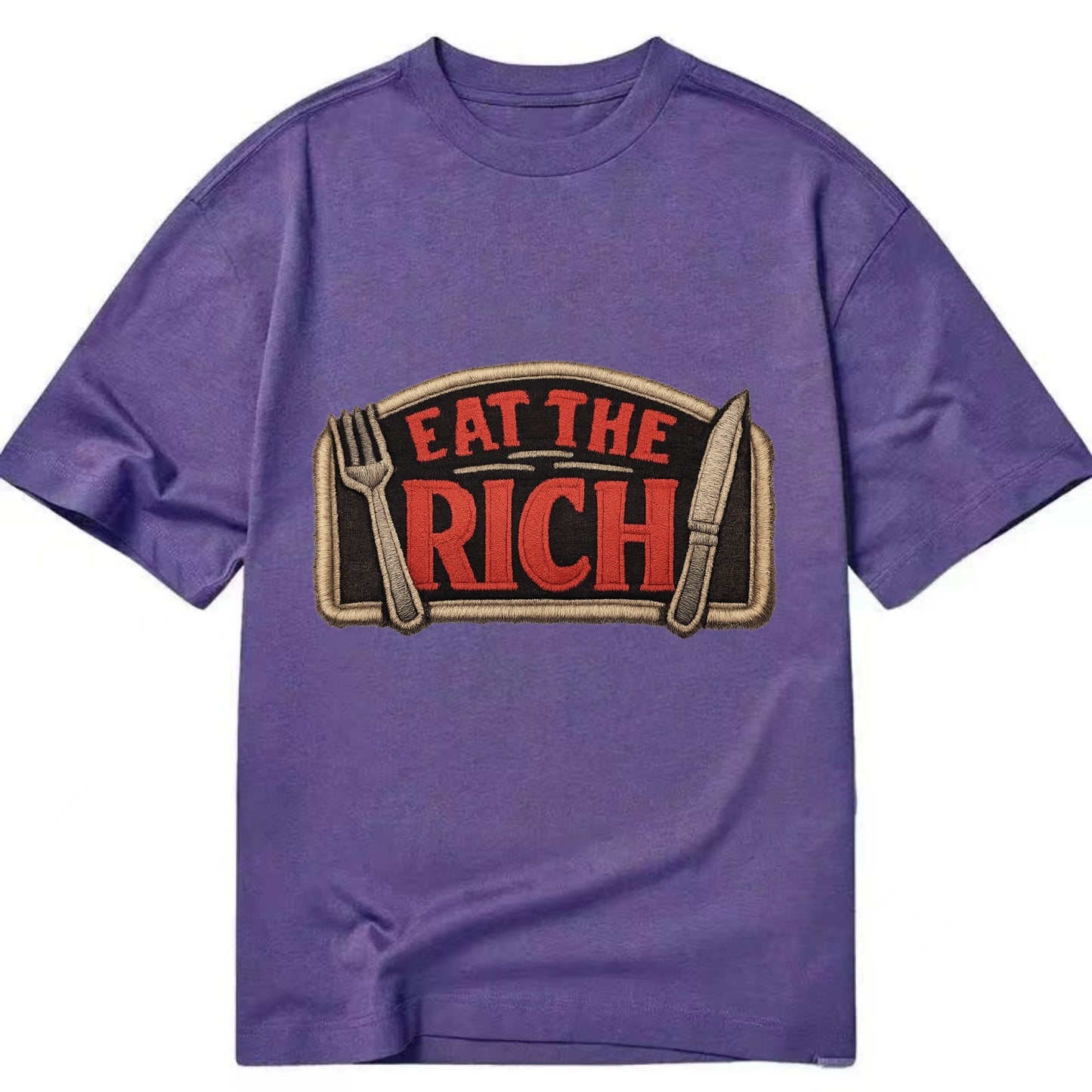 EAT THE RICH - fork and knife with text in red and silver , class war - Classic T-shirt - Purple