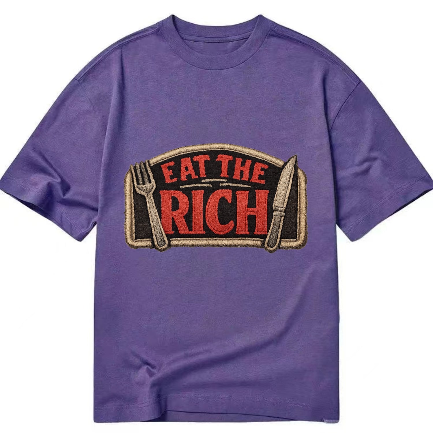 EAT THE RICH - fork and knife with text in red and silver , class war - Classic T-shirt - Purple