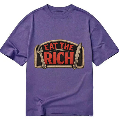 EAT THE RICH - fork and knife with text in red and silver , class war - Classic T-shirt - Purple