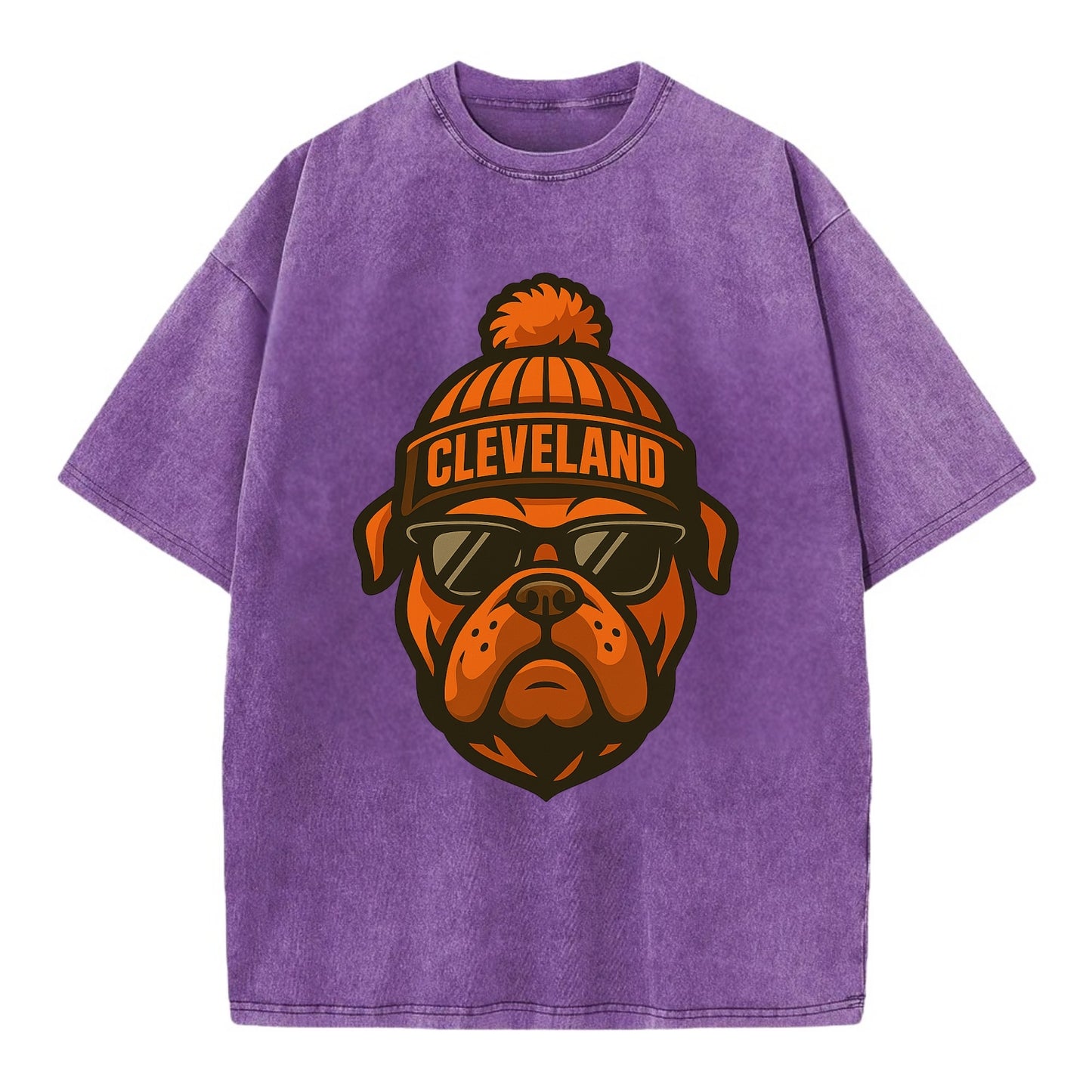 Cleveland Bulldog wearing Browns orange and brown beanie with pom pom and - Vintage T-shirt - Purple