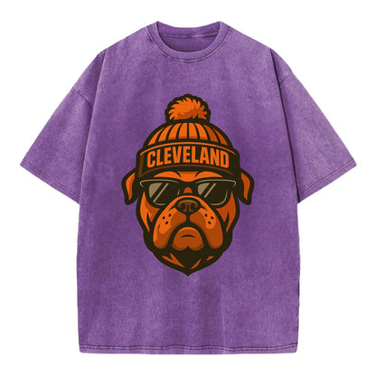 Cleveland Bulldog wearing Browns orange and brown beanie with pom pom and - Vintage T-shirt - Purple