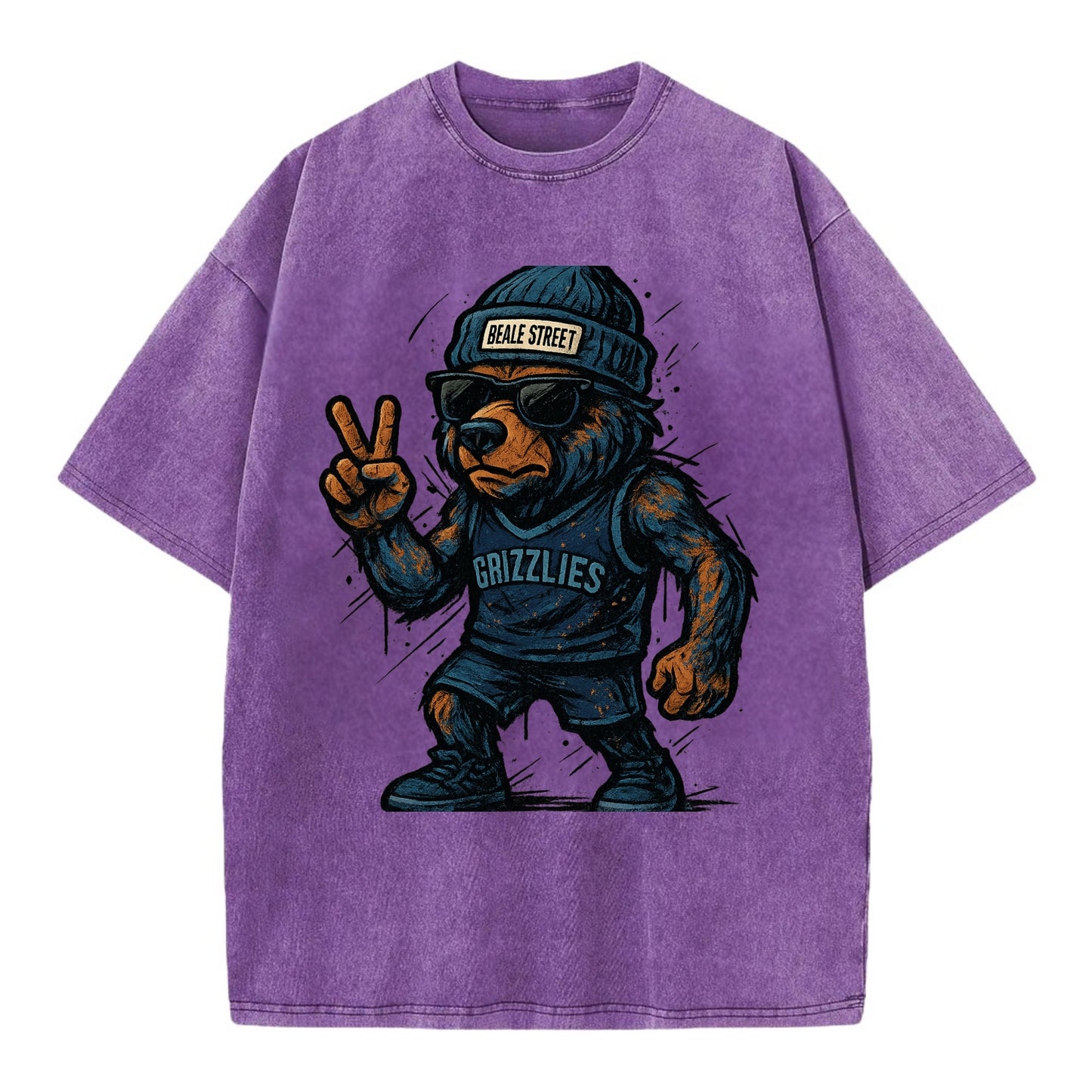 Memphis Grizzly Bear wearing Grizzlies navy and light blue beanie with Beale - Vintage T-shirt - Purple
