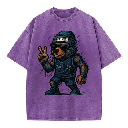 Memphis Grizzly Bear wearing Grizzlies navy and light blue beanie with Beale - Vintage T-shirt - Purple