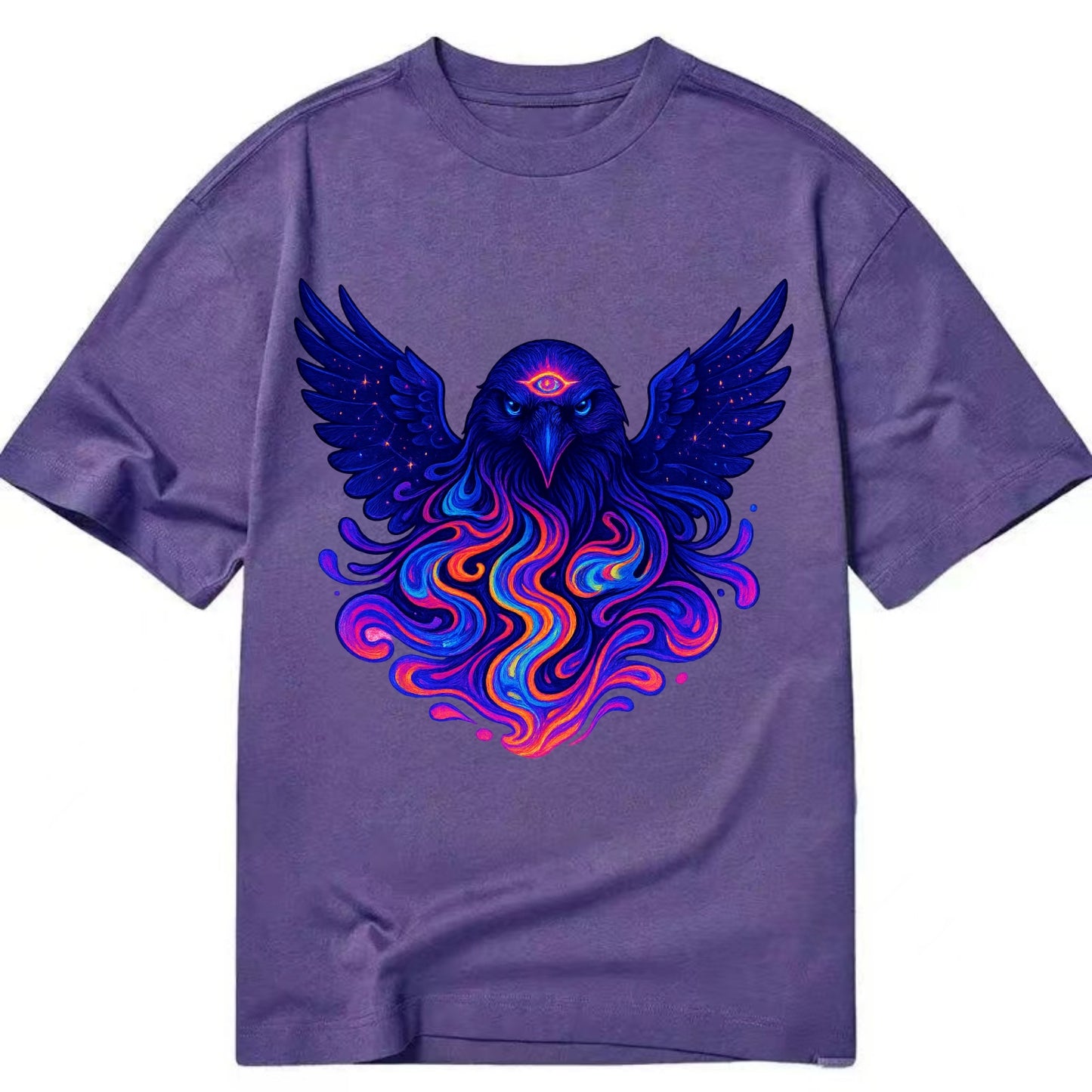 Mysterious raven with feathers showing future visions in neon colors, wings - Classic T-shirt - Purple