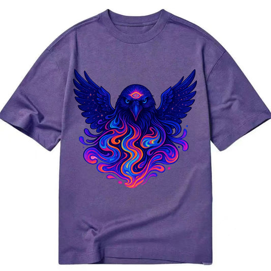 Mysterious raven with feathers showing future visions in neon colors, wings - Classic T-shirt - Purple