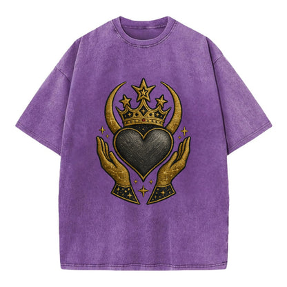 Celtic knot crown with woven strands merging into copper hands shielding a pewter - Vintage T-shirt - Purple
