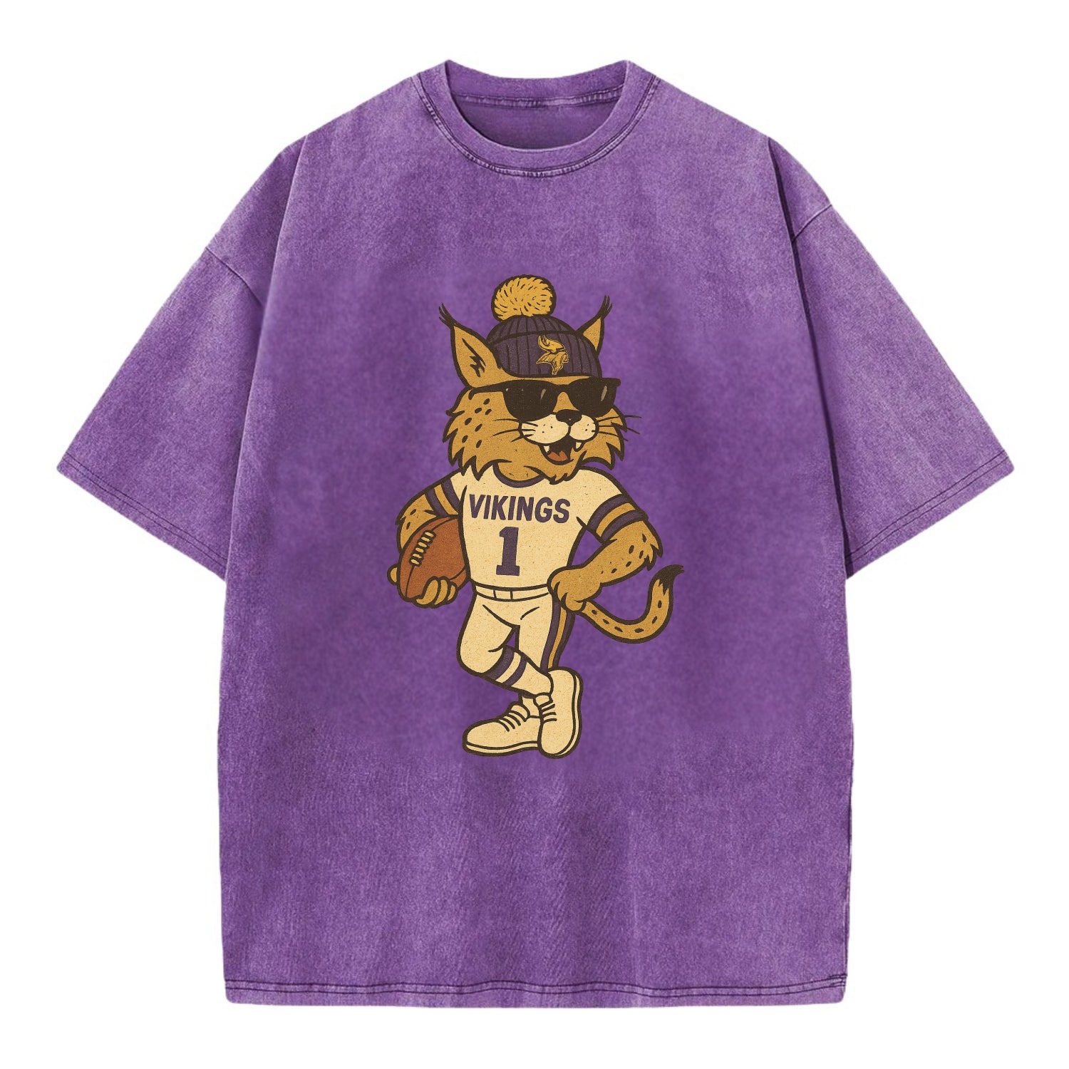 Minneapolis Lynx wearing Vikings beanie with Norse patch and wayfarer sunglasses - Vintage T-shirt - Purple