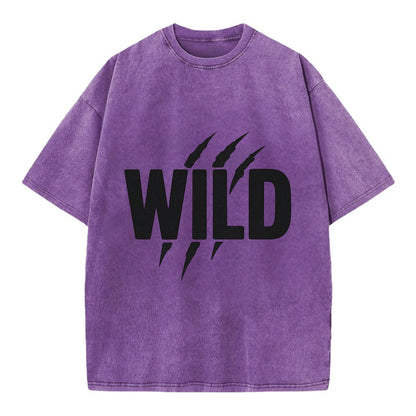Bold typography design - "WILD" - untamed, natural, free - Vintage T-shirt - Purple