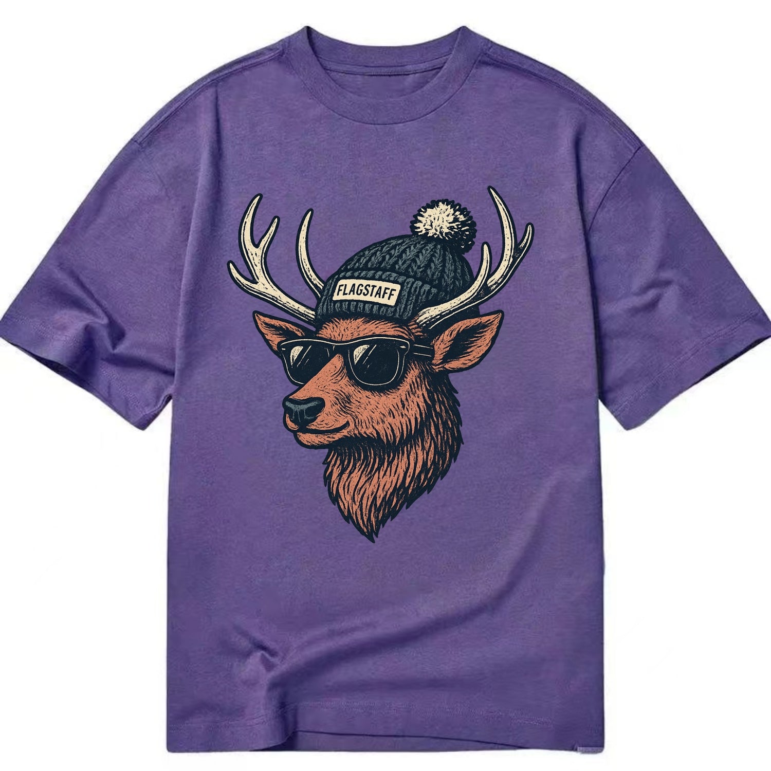Flagstaff Elk wearing Flagstaff beanie with pom pom and wayfarer sunglasses - Classic T-shirt - Purple