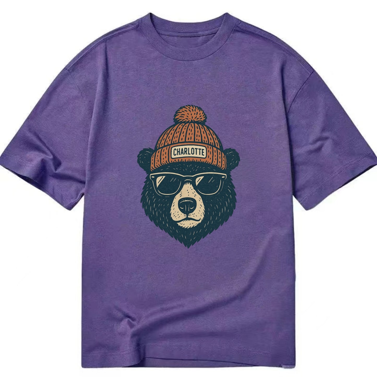 North Carolina Black Bear wearing Charlotte beanie with pom pom and wayfarer - Classic T-shirt - Purple