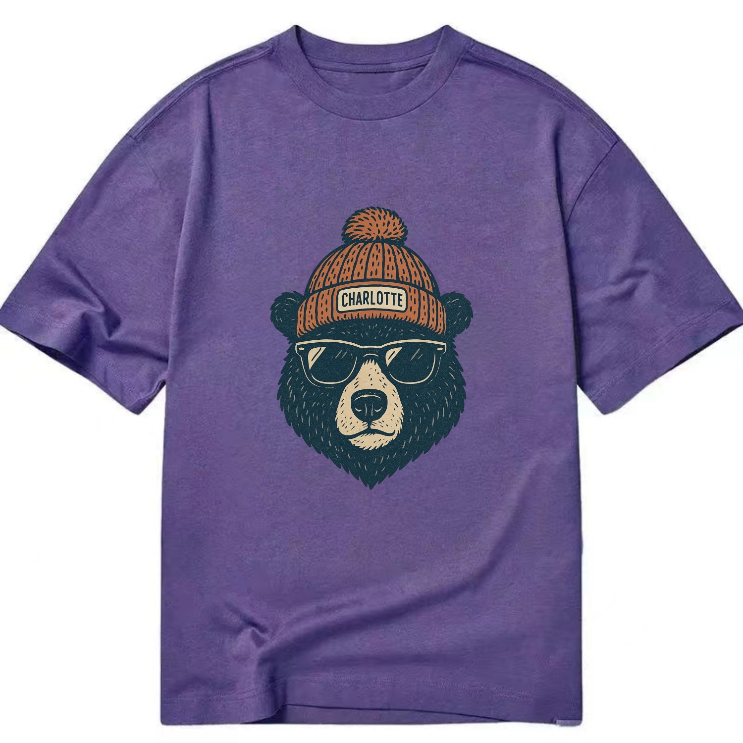 North Carolina Black Bear wearing Charlotte beanie with pom pom and wayfarer - Classic T-shirt - Purple